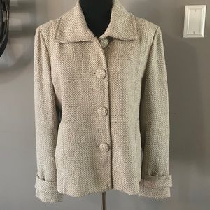 Chicos jacket, metallic gold, size (1). pockets, fabric buttons.  wool blend.
